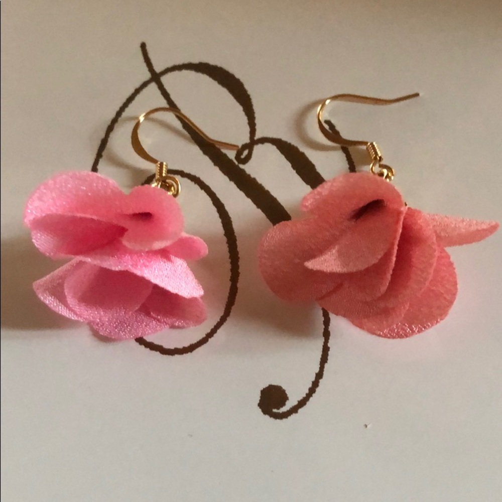 22K Pink Flowered and Gold Dangly Earrings